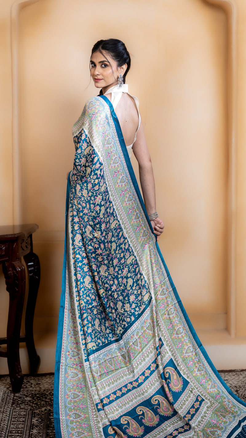Teal Pashmina Soft Silk with White and Pink Border
