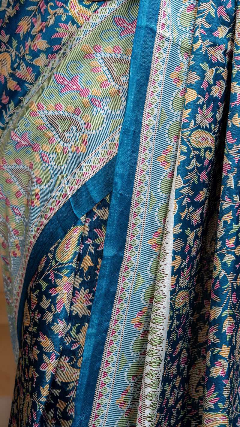 Teal Pashmina Soft Silk with White and Pink Border