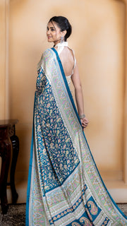 Teal Pashmina Soft Silk with White and Pink Border