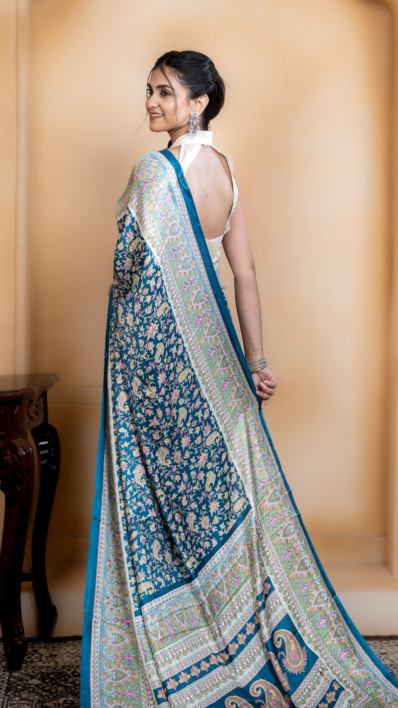 Teal Pashmina Soft Silk with White and Pink Border
