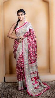 Rose Pink Pashmina Soft Silk with White and Blue Border