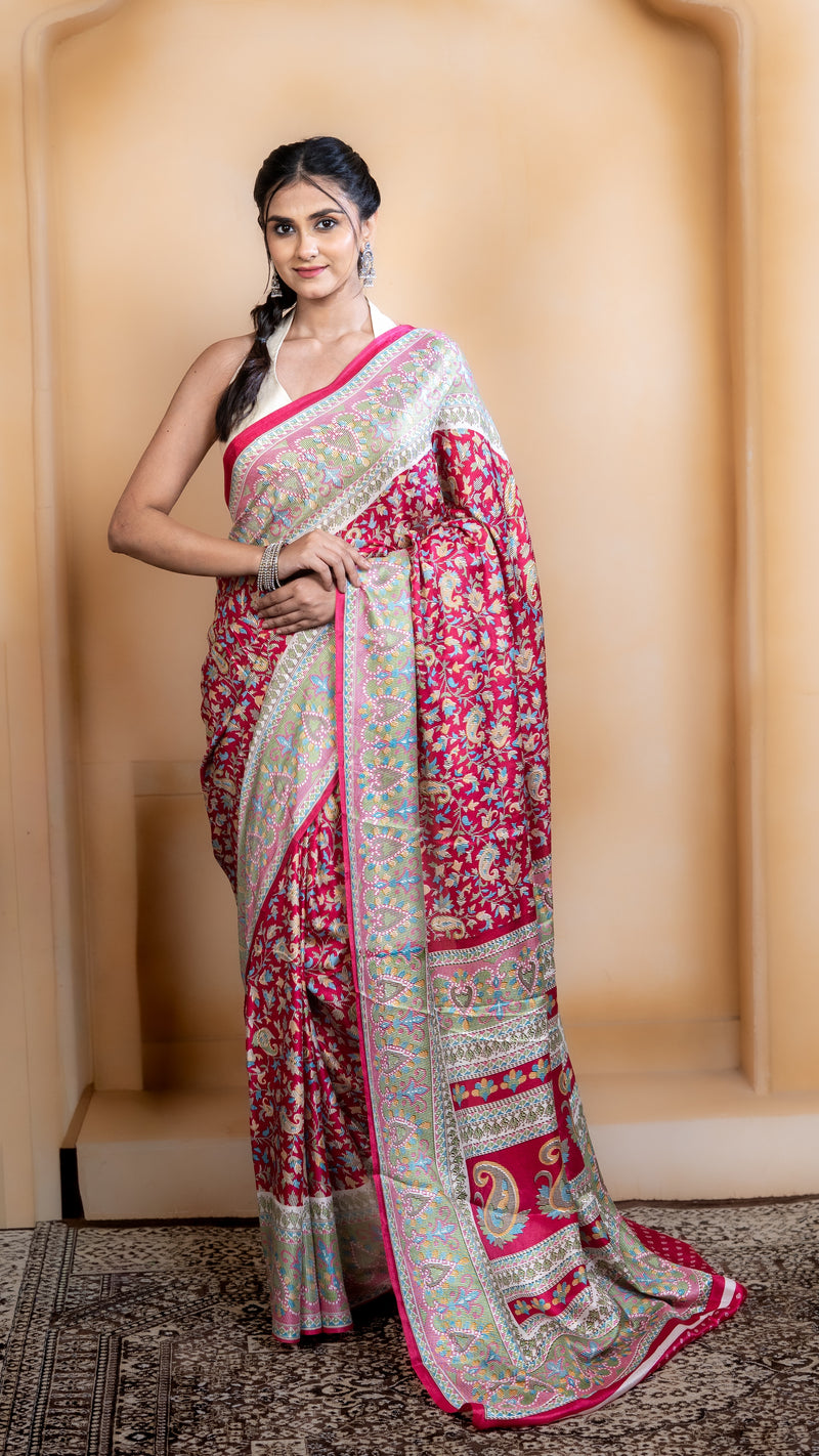 Rose Pink Pashmina Soft Silk with White and Blue Border