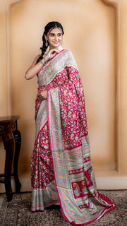 Rose Pink Pashmina Soft Silk with White and Blue Border