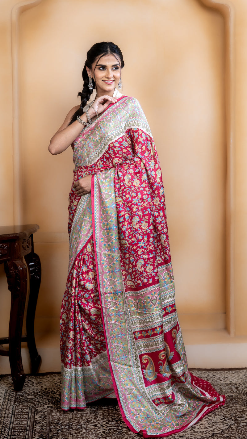 Rose Pink Pashmina Soft Silk with White and Blue Border
