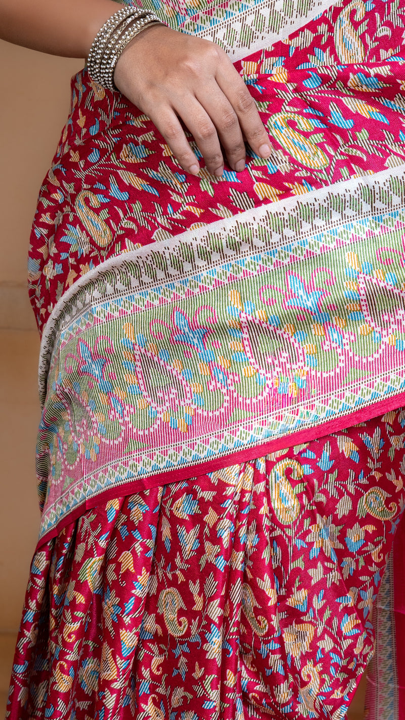 Rose Pink Pashmina Soft Silk with White and Blue Border