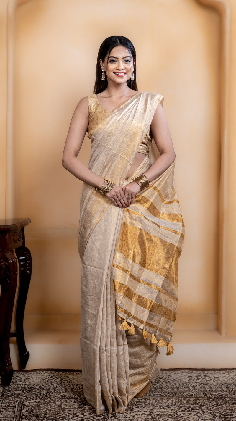 Off White and Gold Crushed Tissue Saree