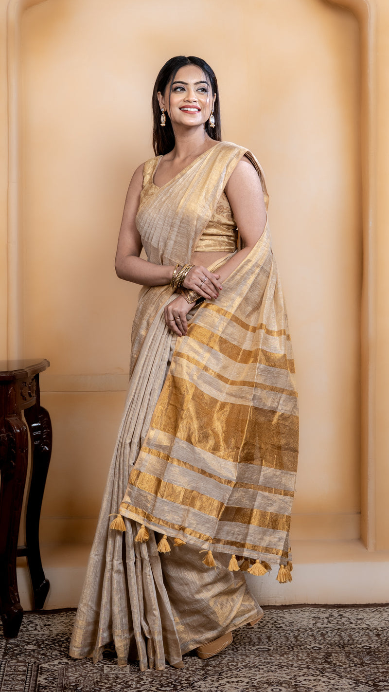 Off White and Gold Crushed Tissue Saree