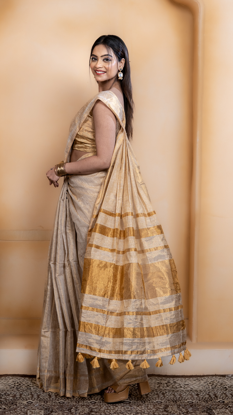 Off White and Gold Crushed Tissue Saree