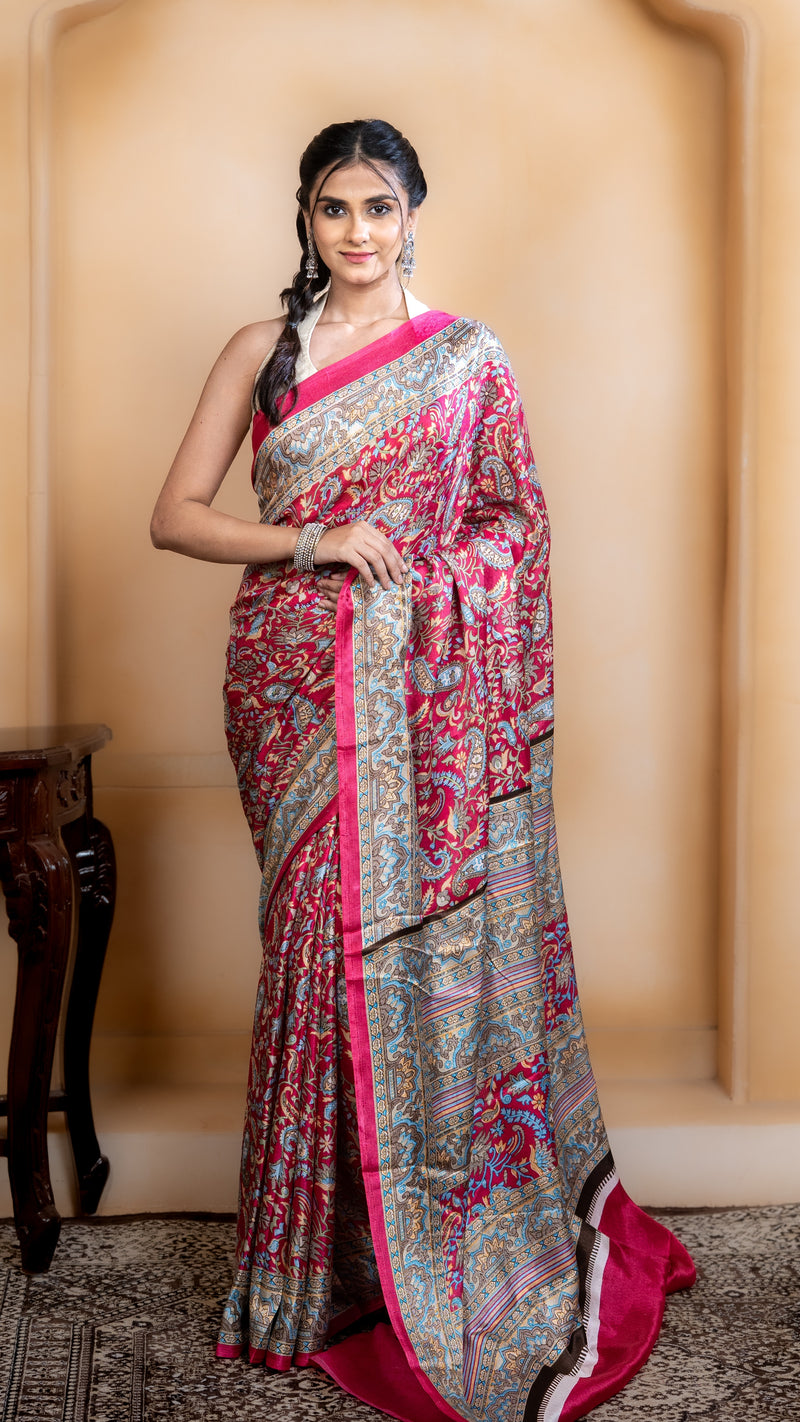 Rose Pink Pashmina Soft Silk with Golden and Blue Border