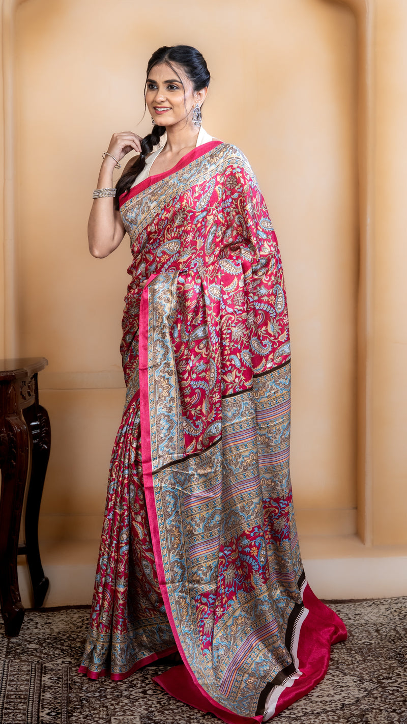 Rose Pink Pashmina Soft Silk with Golden and Blue Border
