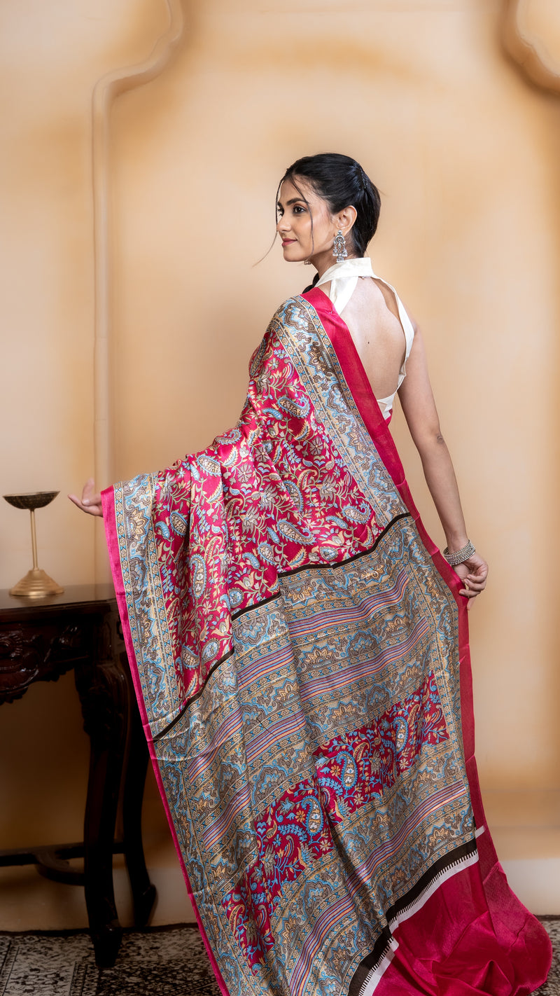 Rose Pink Pashmina Soft Silk with Golden and Blue Border