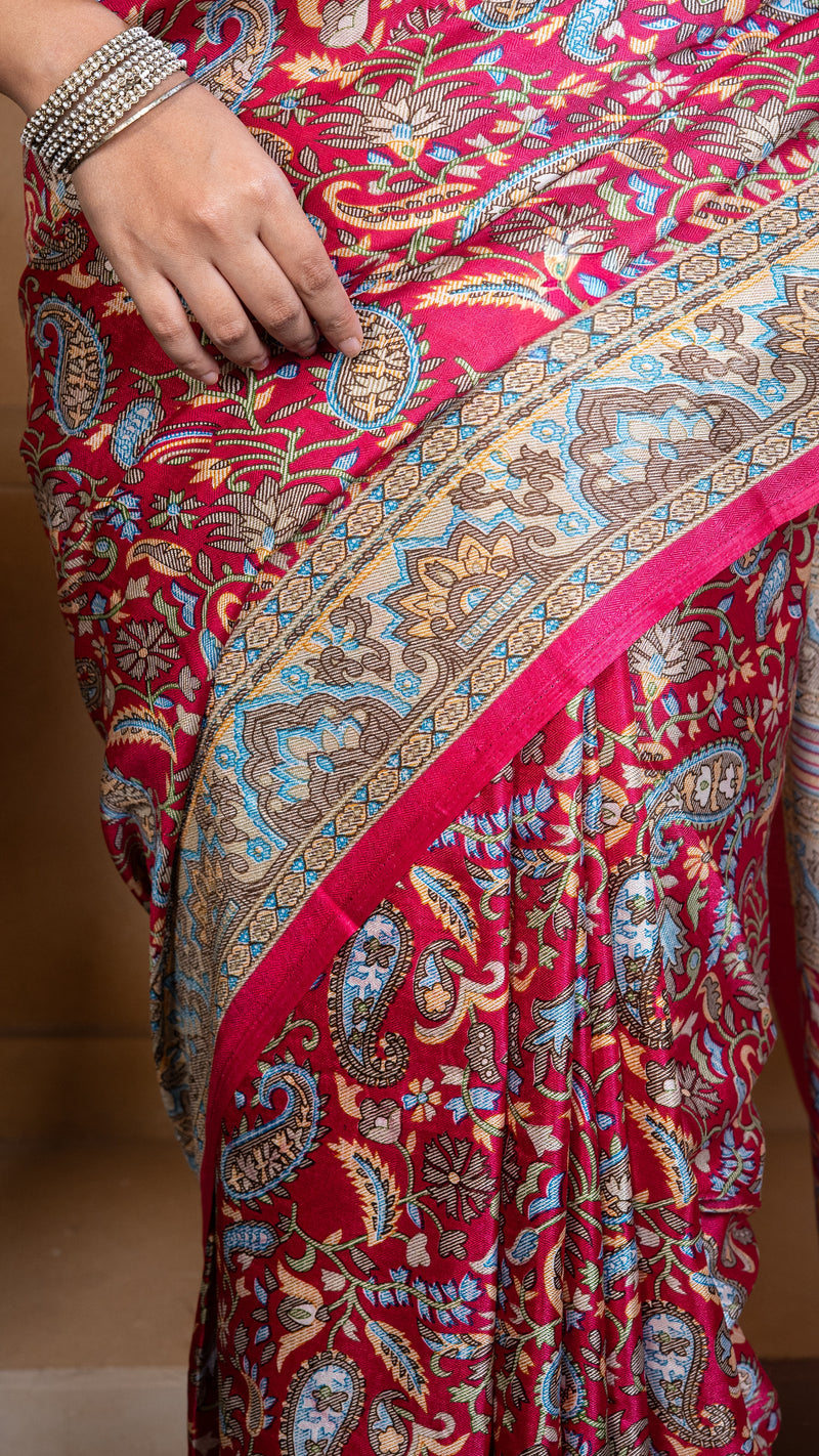 Rose Pink Pashmina Soft Silk with Golden and Blue Border
