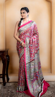 Rose Pink Pashmina Soft Silk with Golden and Blue Border