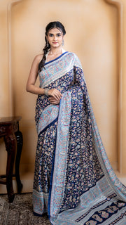 Navy Blue Pashmina Soft Silk with White and Blue Border