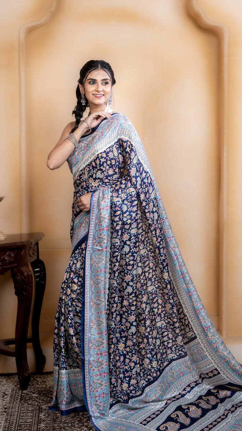 Navy Blue Pashmina Soft Silk with White and Blue Border