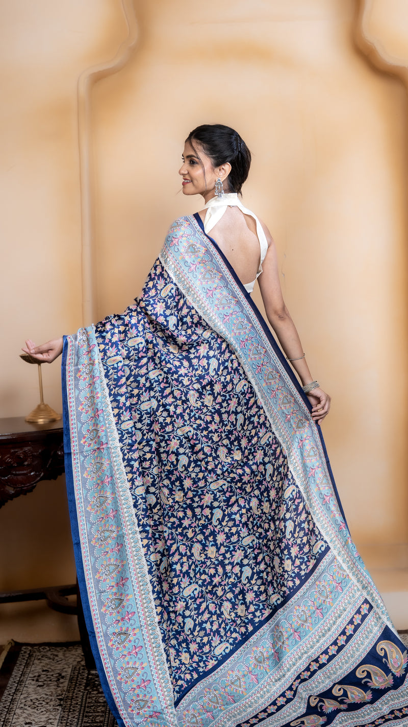 Navy Blue Pashmina Soft Silk with White and Blue Border