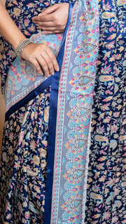 Navy Blue Pashmina Soft Silk with White and Blue Border