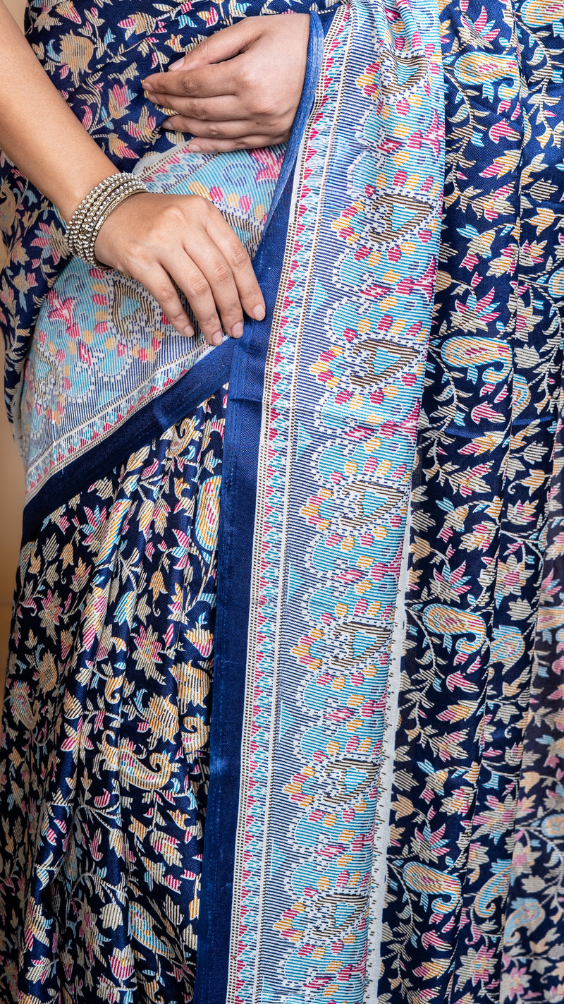 Navy Blue Pashmina Soft Silk with White and Blue Border