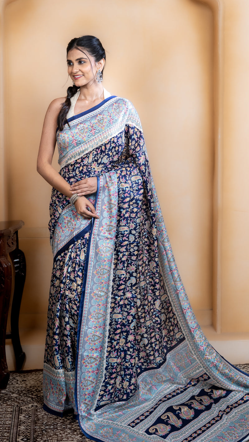 Navy Blue Pashmina Soft Silk with White and Blue Border
