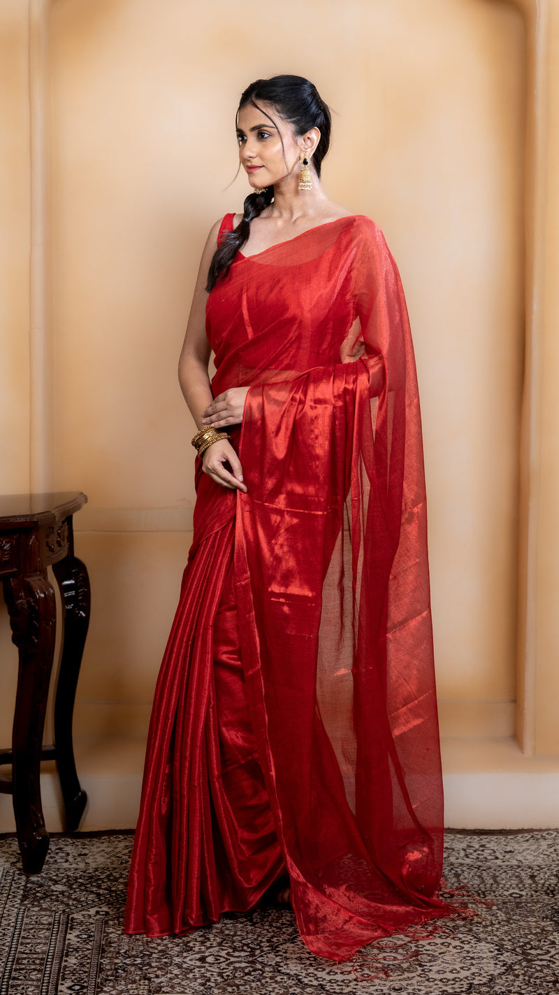 Crimson Red Soft Tissue Saree