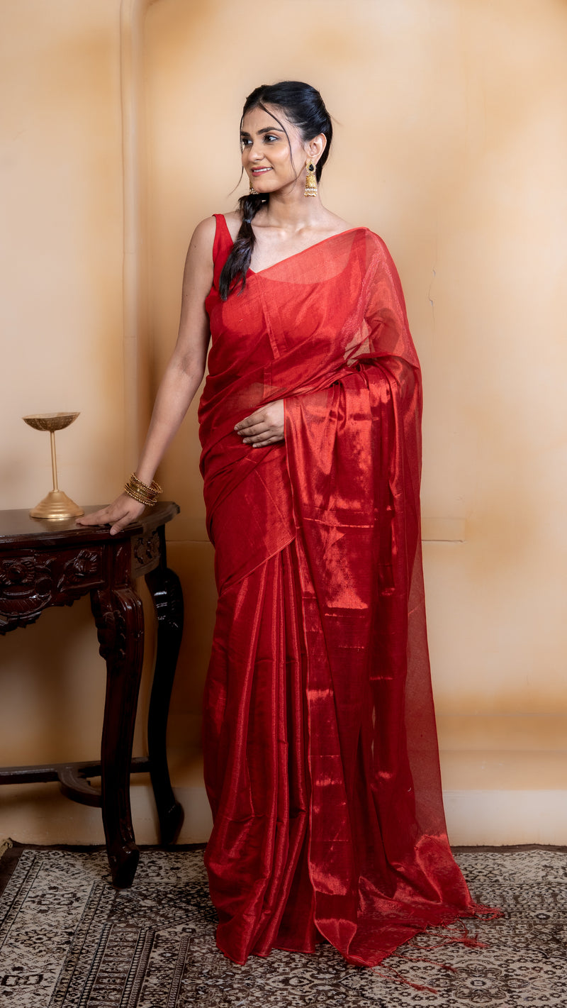 Crimson Red Soft Tissue Saree