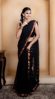 Black Linen Saree with Copper Border