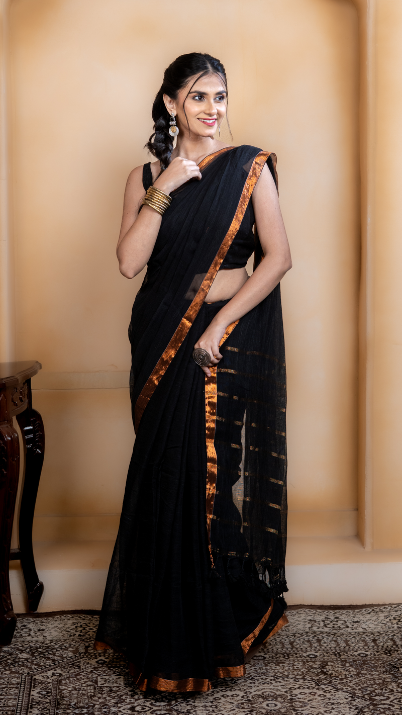Black Linen Saree with Copper Border