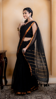 Black Linen Saree with Copper Border