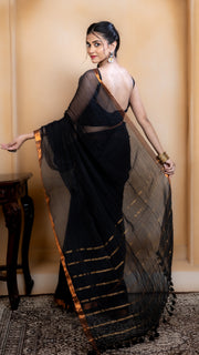 Black Linen Saree with Copper Border
