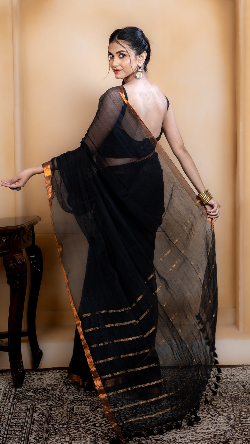 Black Linen Saree with Copper Border