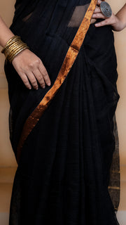 Black Linen Saree with Copper Border