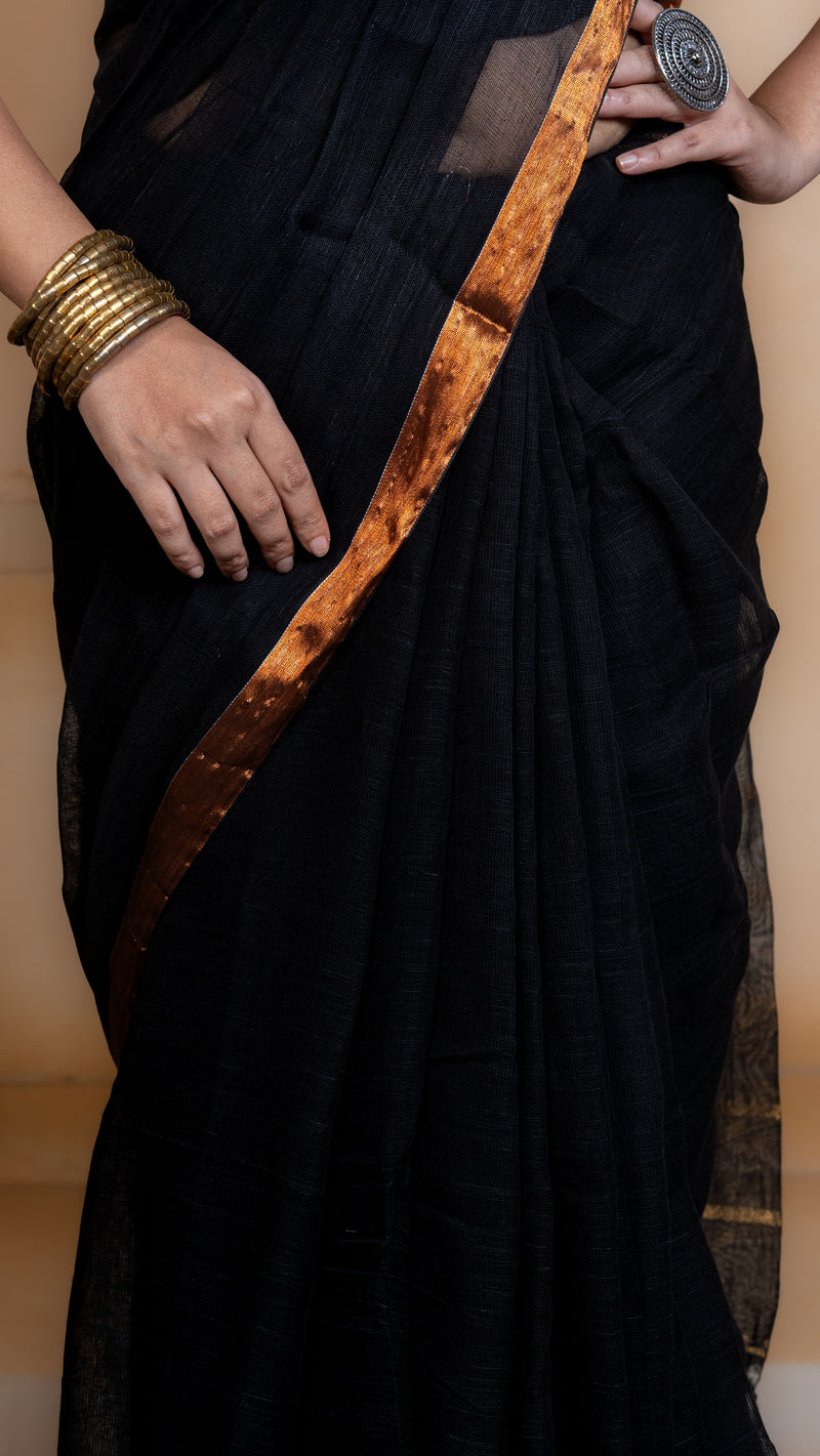 Black Linen Saree with Copper Border