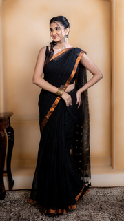 Black Linen Saree with Copper Border
