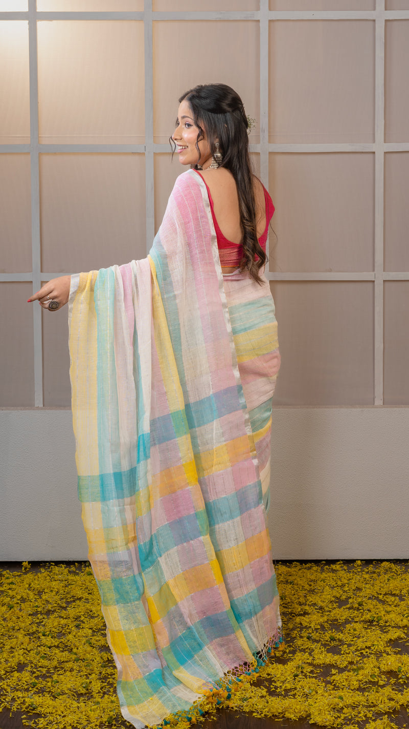 Pastel Multicolor Check Linen Saree with Pink, Sky and Yellow tones