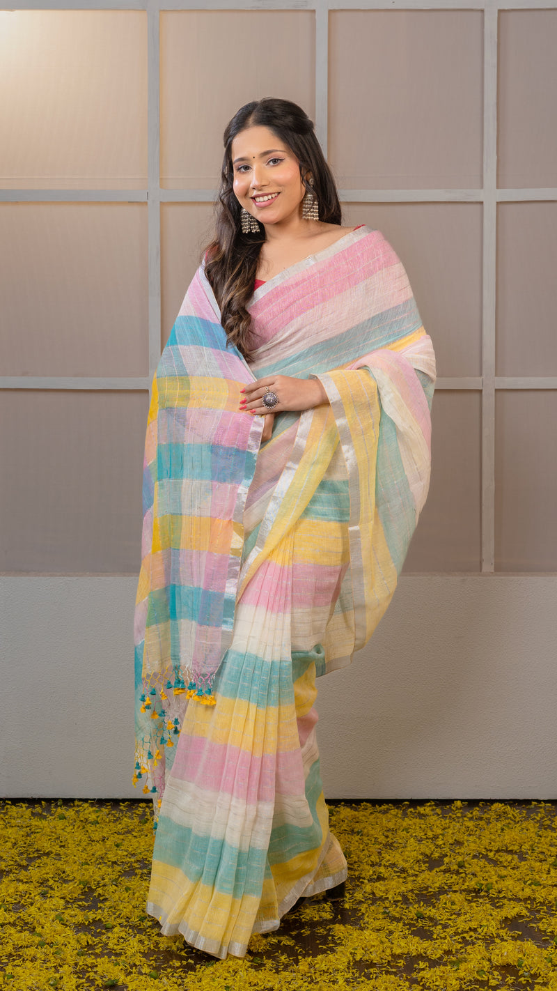 Pastel Multicolor Check Linen Saree with Pink, Sky and Yellow tones