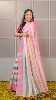 Rainbow Mul Cotton Saree with Pink Border