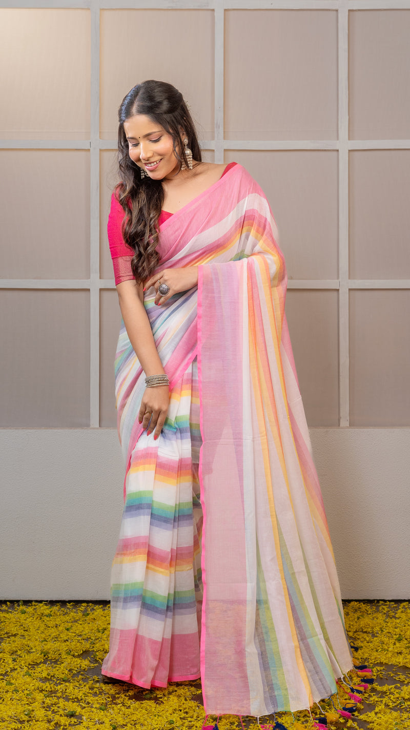 Rainbow Mul Cotton Saree with Pink Border
