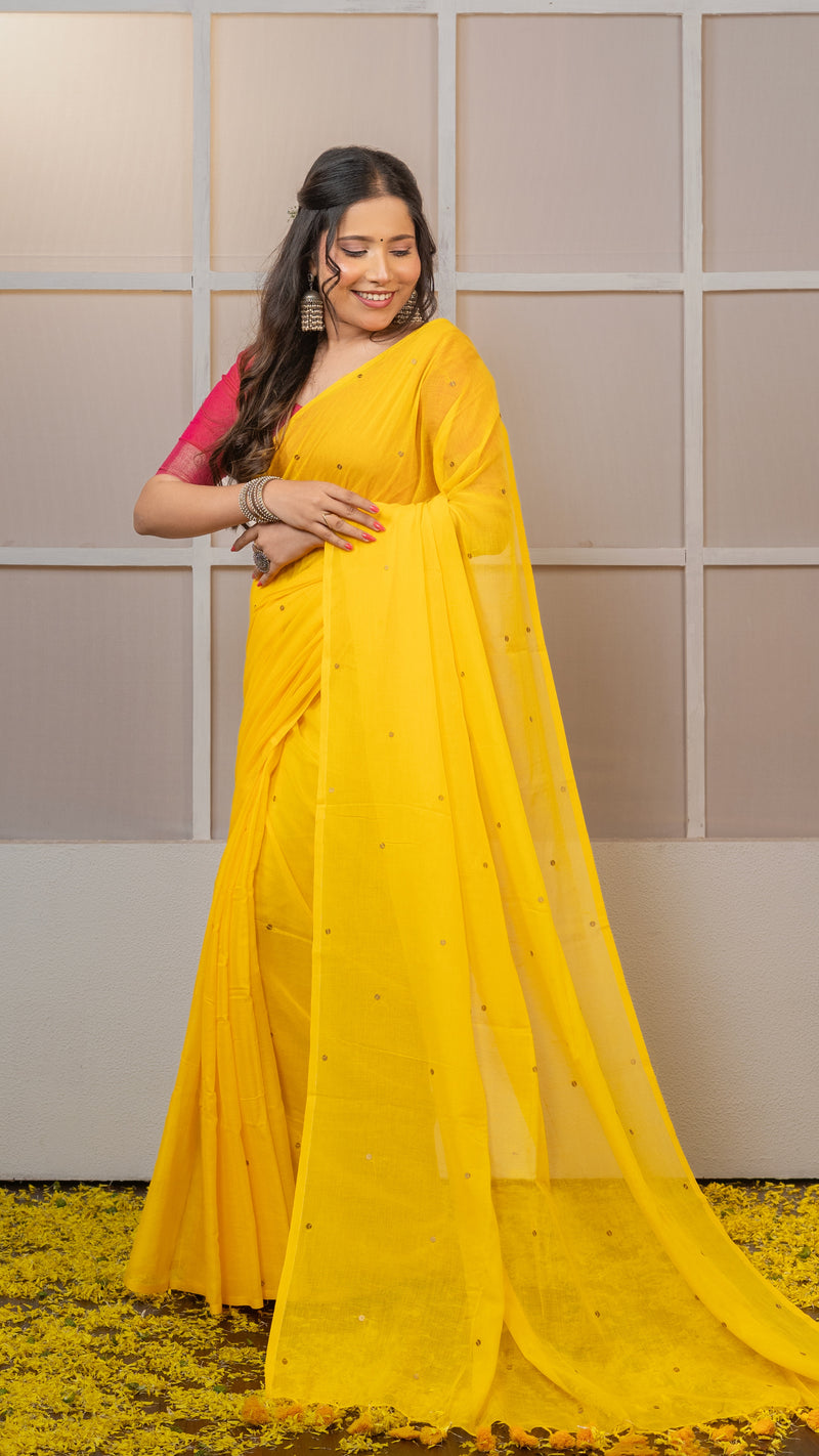 Yellow Gini Mul Cotton Saree