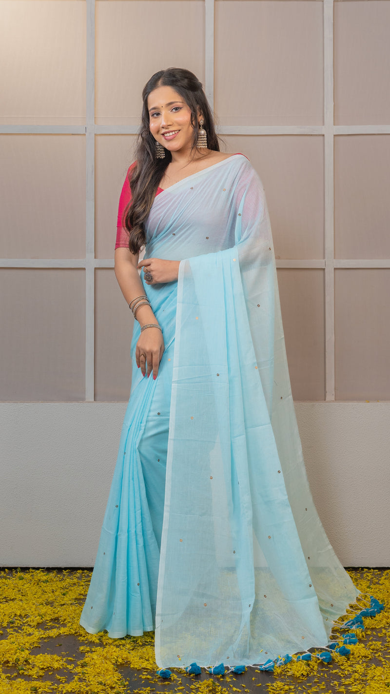 Sky Blue Gini Mul Cotton Saree