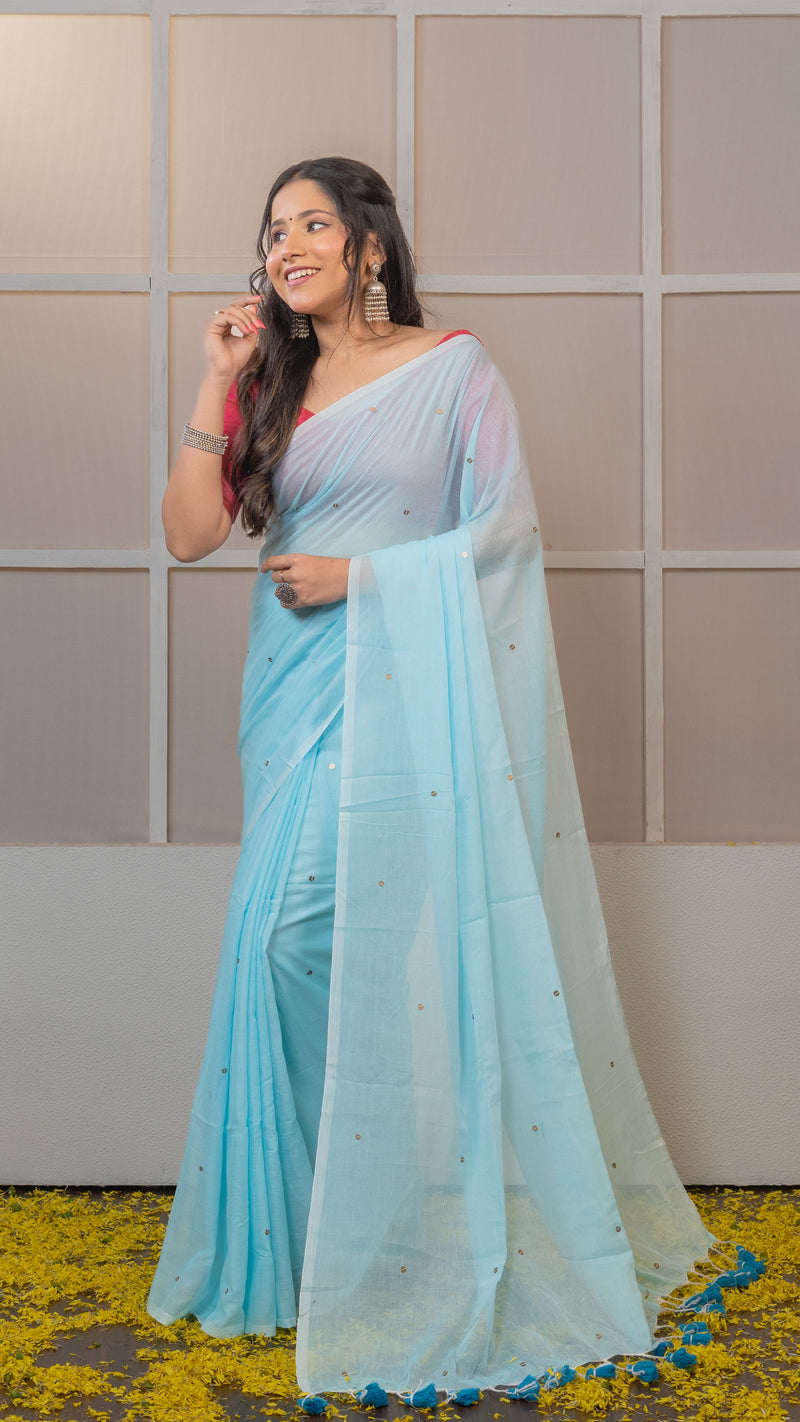 Sky Blue Gini Mul Cotton Saree