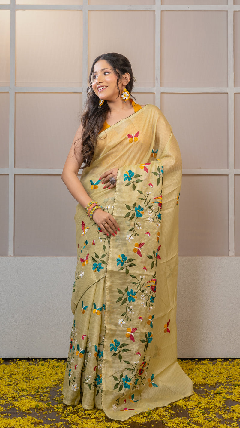 Pista Green Kota Silk Saree with Embroidery Border