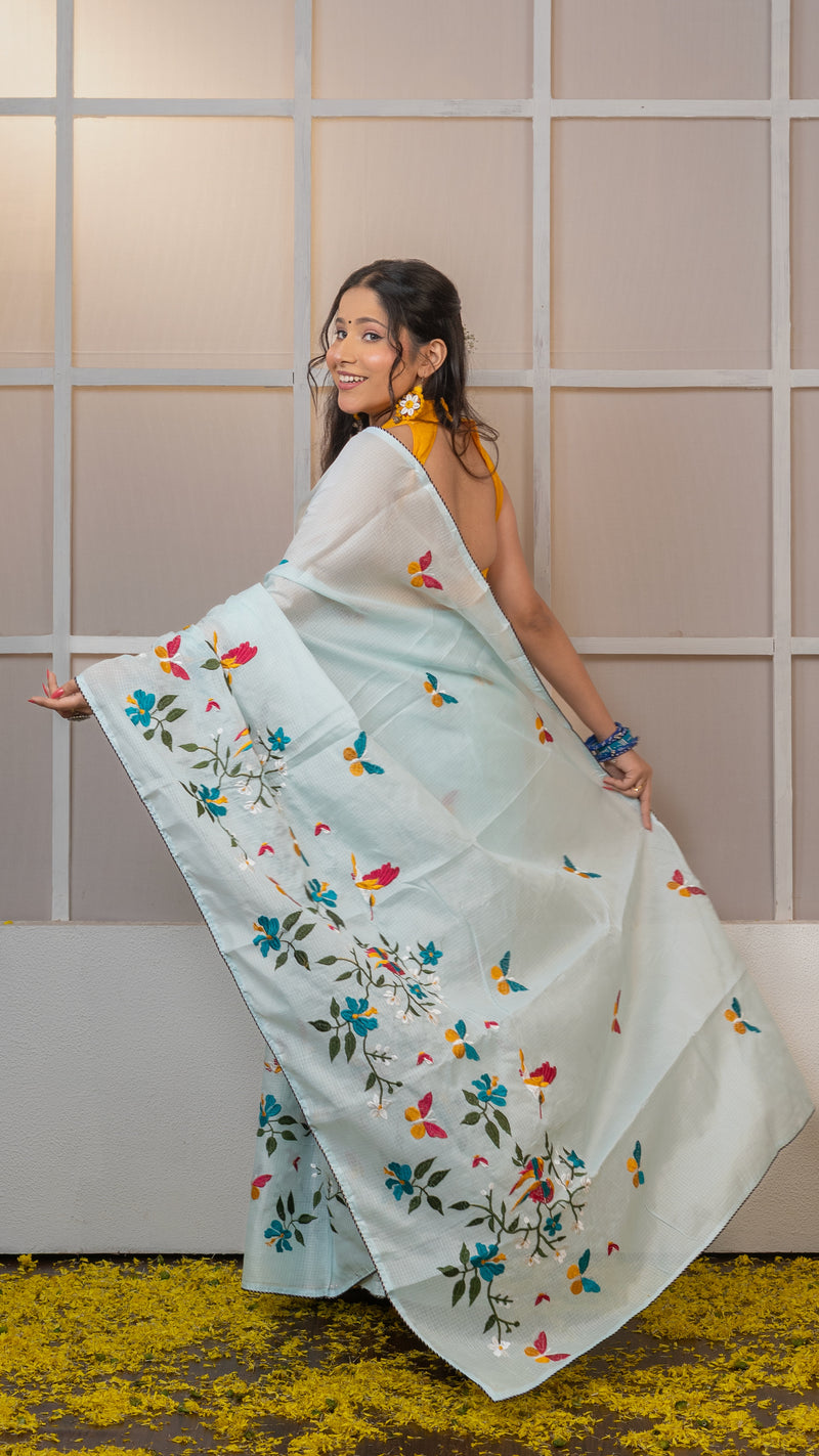 Sky Blue Kota Silk Saree with Embroidery Border