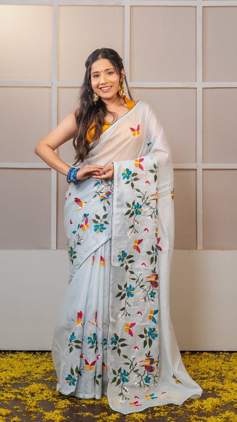 Light/Ice Blue Kota Silk Saree with Embroidery Border