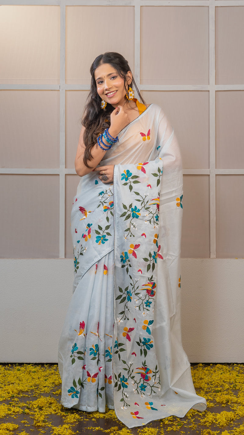 Light/Ice Blue Kota Silk Saree with Embroidery Border
