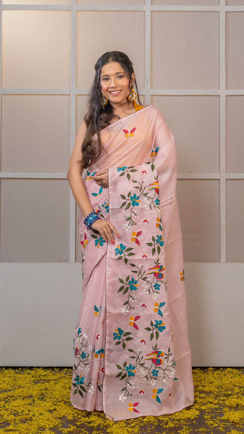 Baby Pink Kota Silk Saree with Embroidery Border