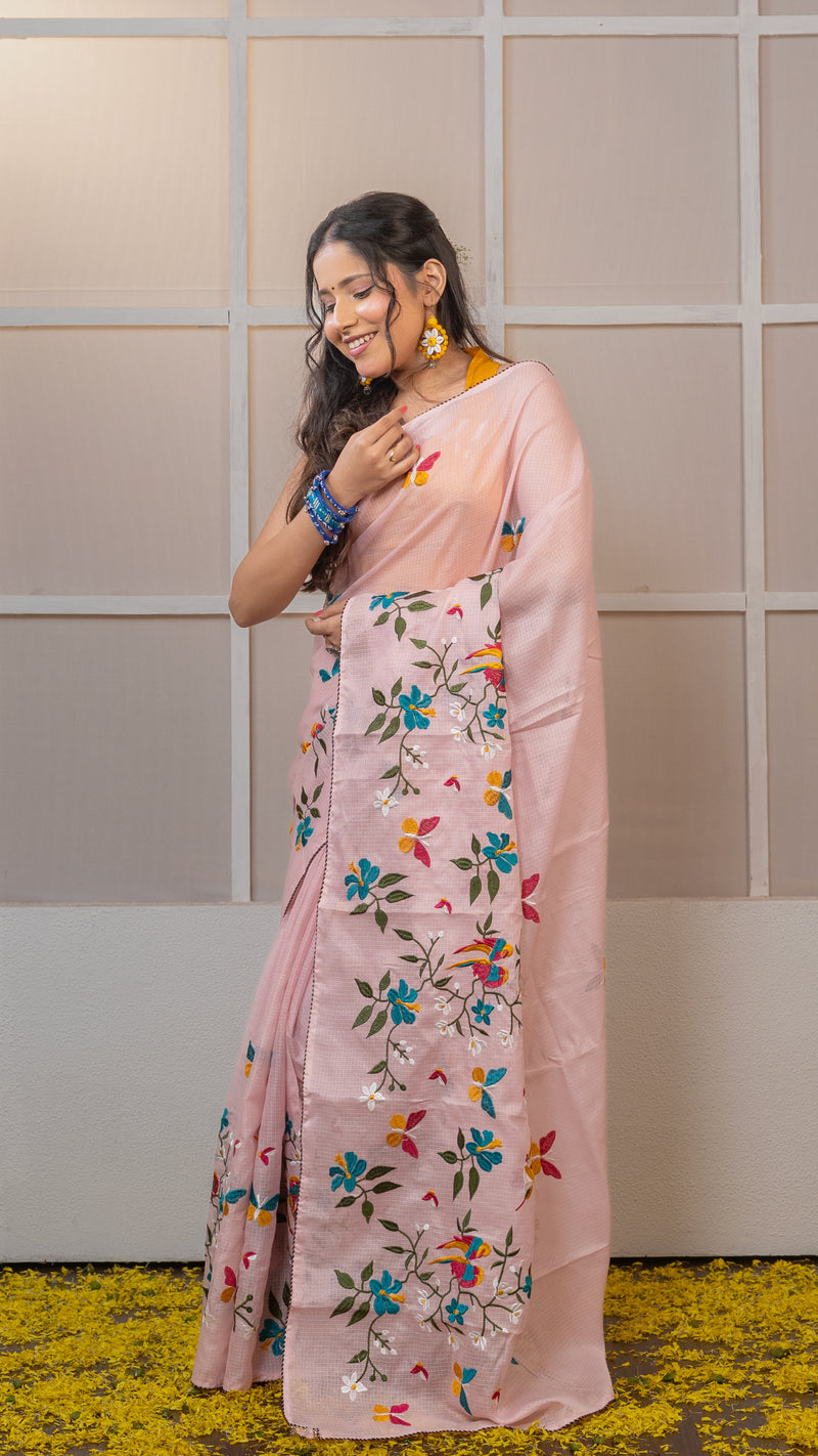 Baby Pink Kota Silk Saree with Embroidery Border