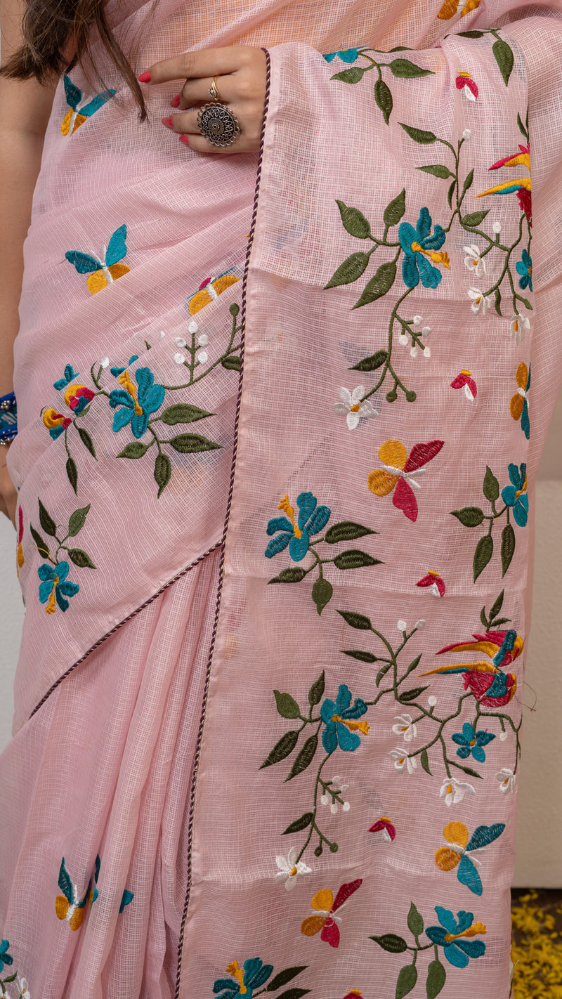 Baby Pink Kota Silk Saree with Embroidery Border