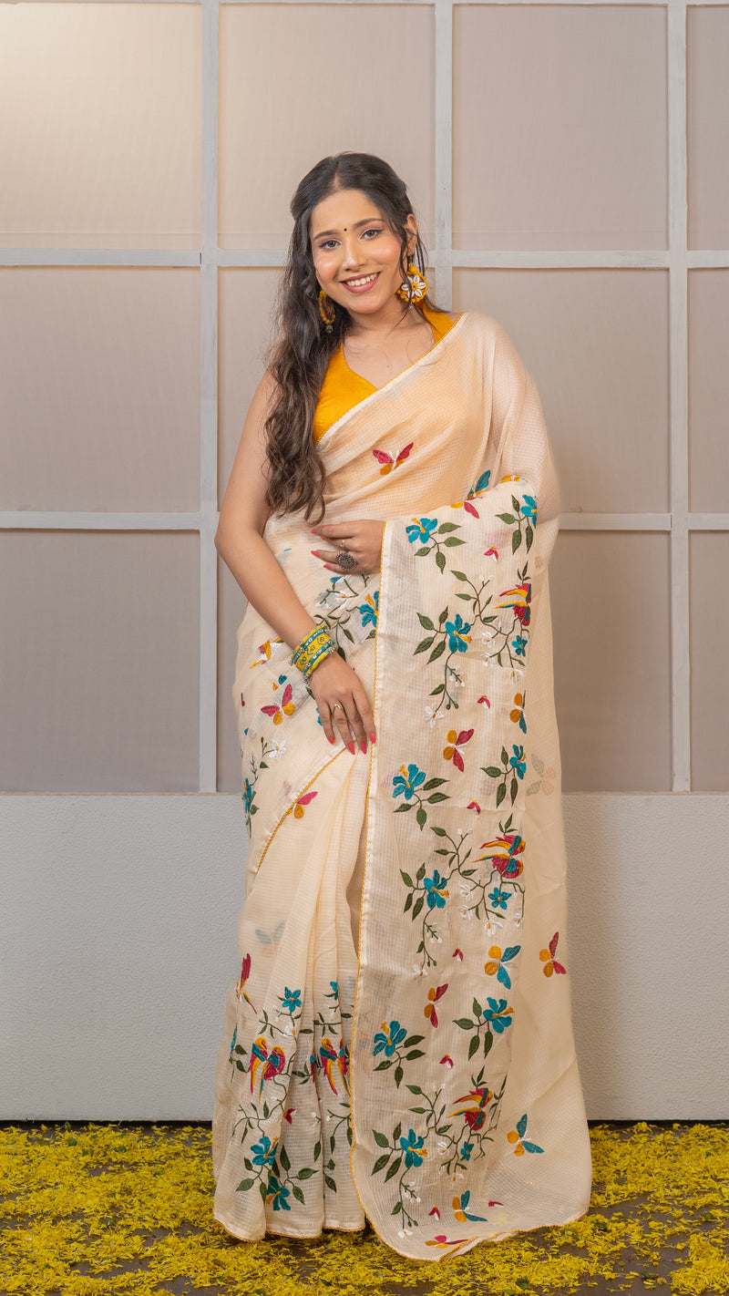 Off white Kota Silk Saree with Embroidery Border