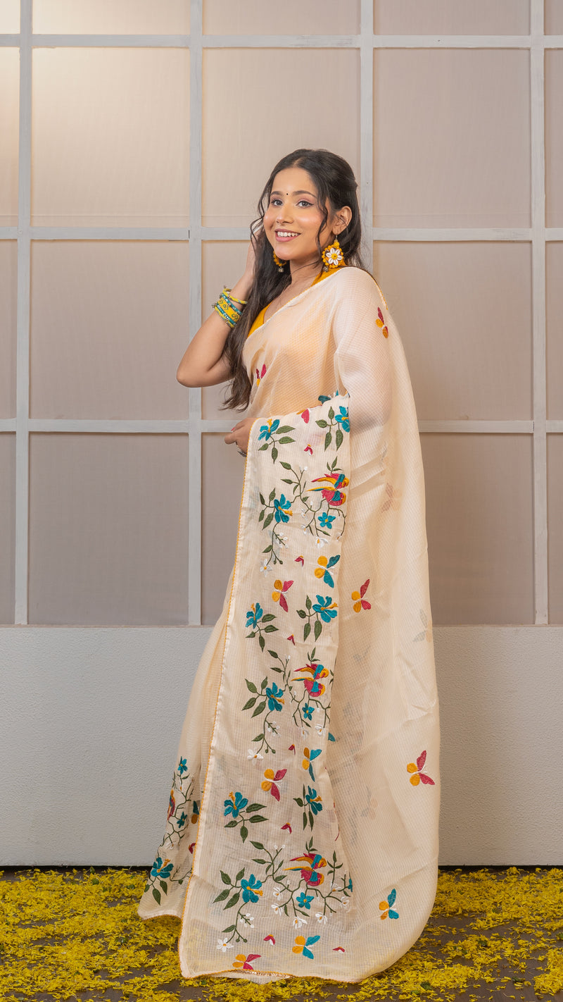 Off white Kota Silk Saree with Embroidery Border