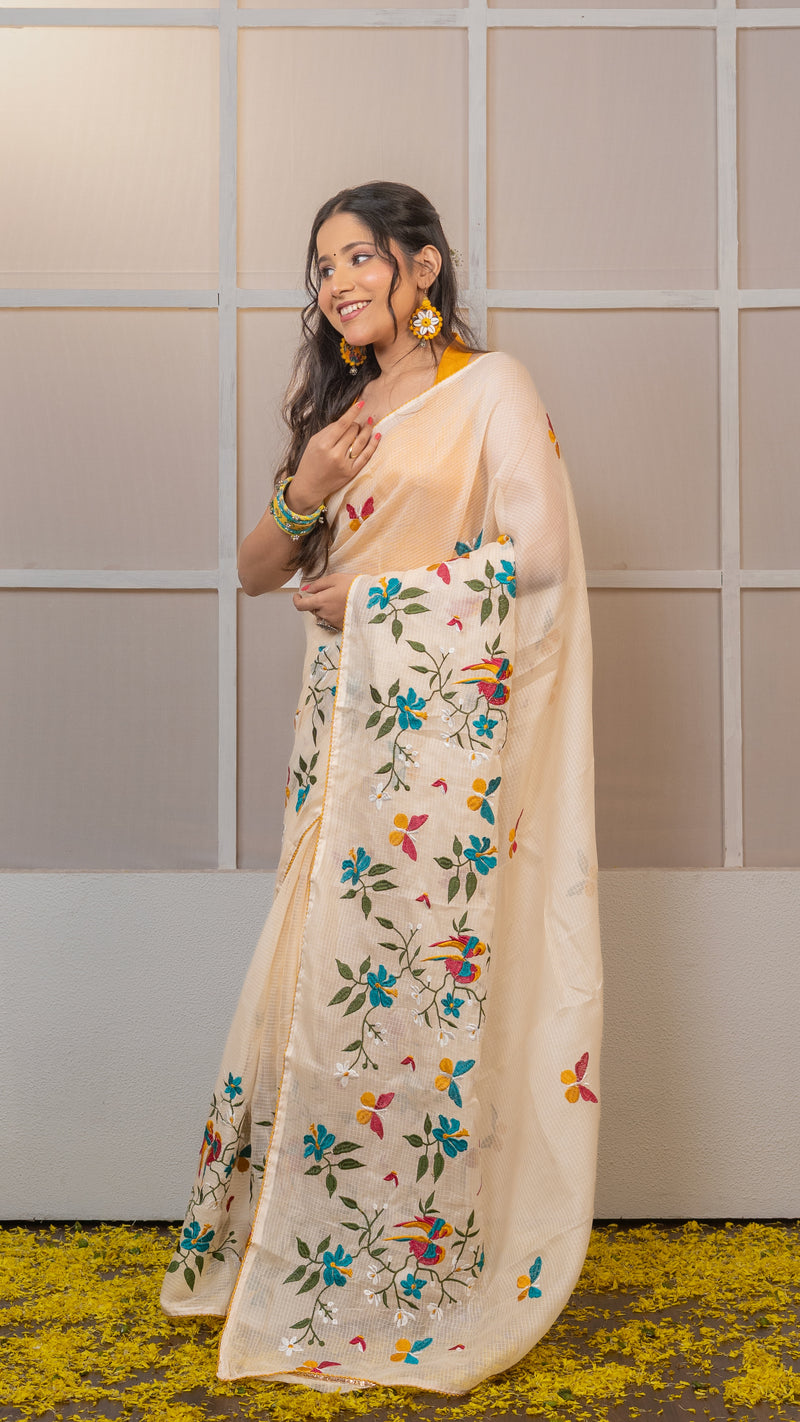 Off white Kota Silk Saree with Embroidery Border